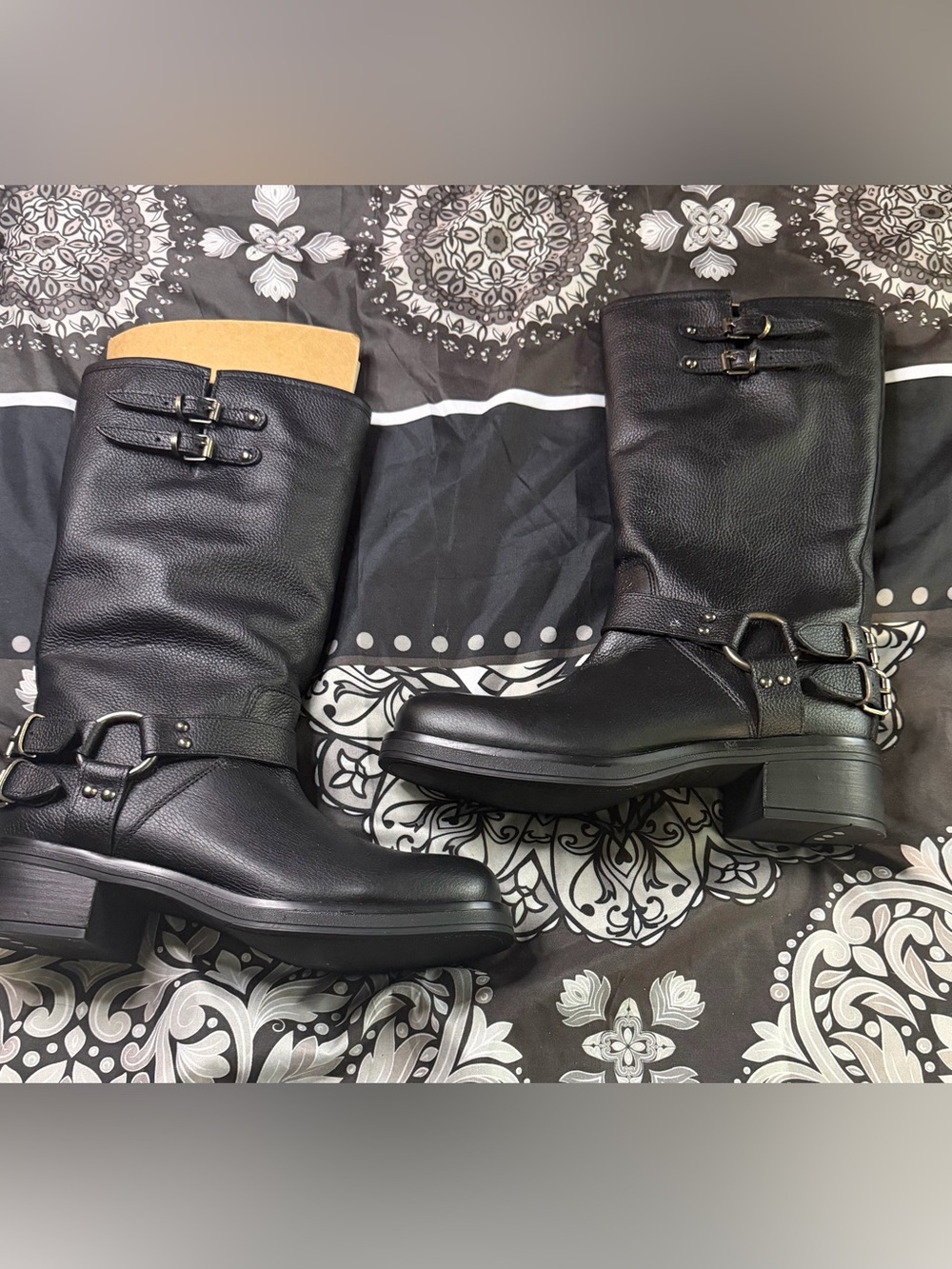 Steve Madden Black Textured Leather Mid-Calf Buckle Boots